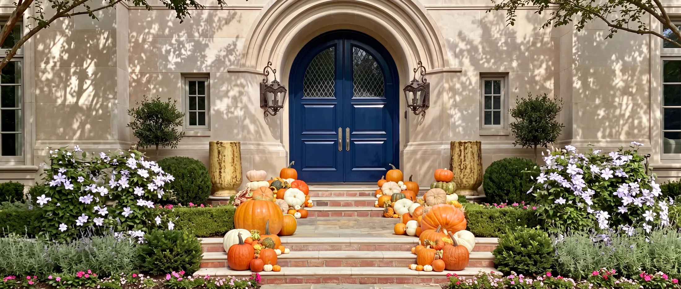 A grand entrance at golden hour, its steps lined with pumpkins and glowing lanterns