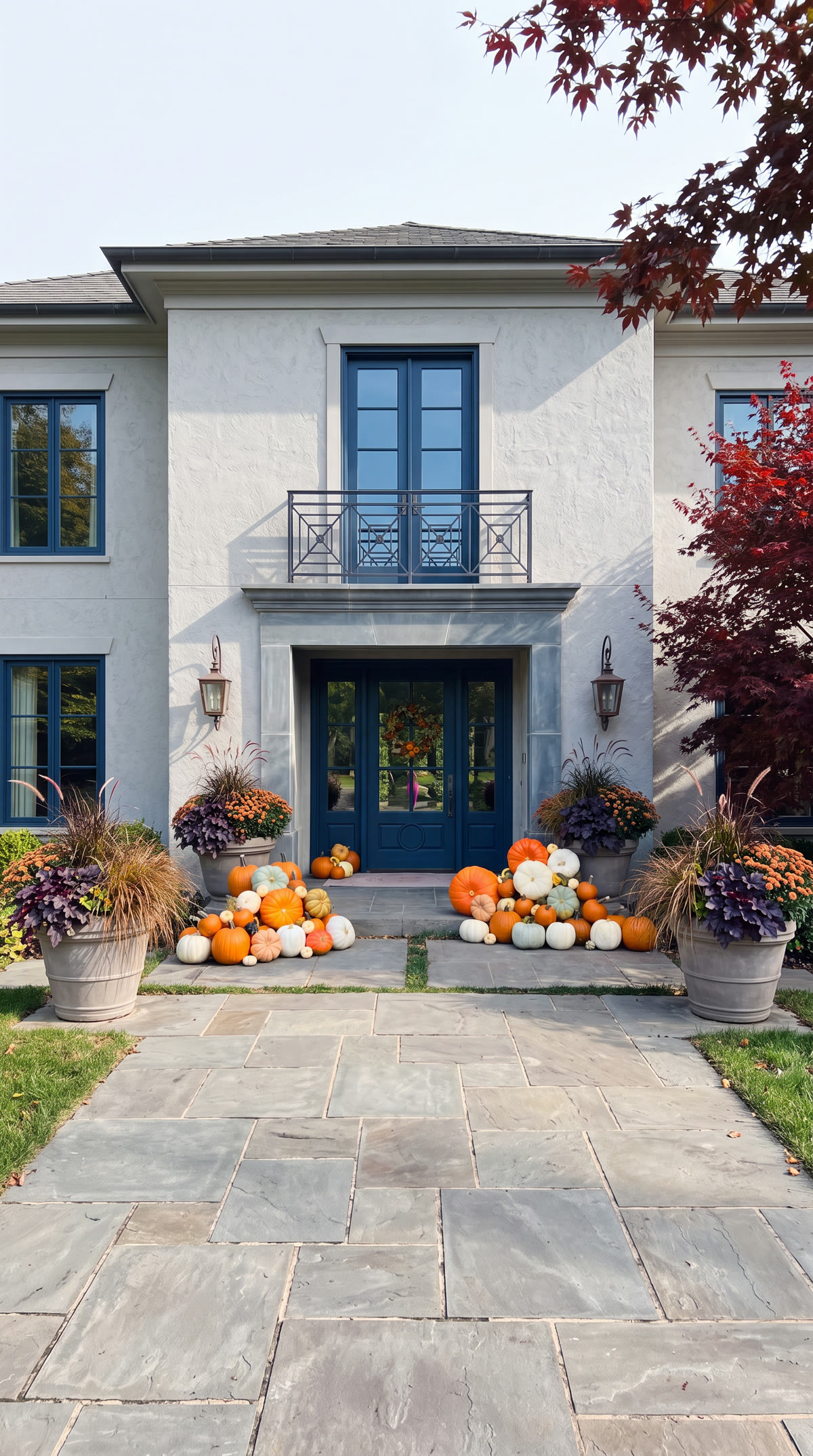 A blue front door framed by pumpkins on the steps