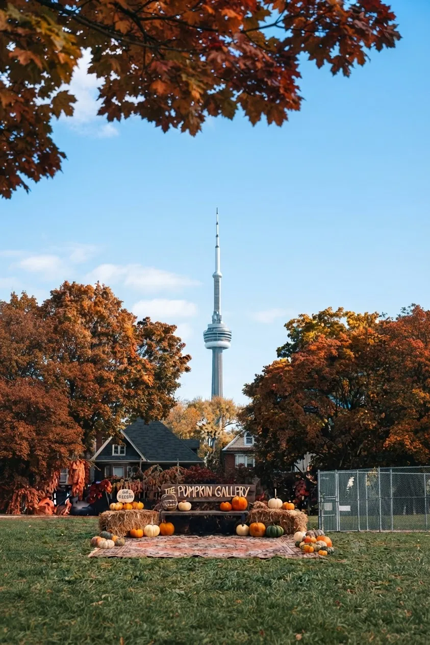 The Pumpkin Gallery display in a Toronto park — hay bales, pumpkins and fall foliage with the CN Tower rising behind