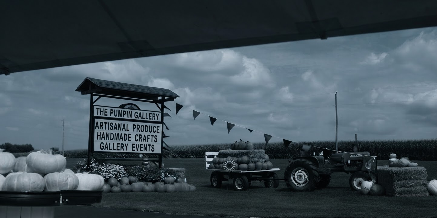 The Pumpkin Gallery farm stand: the sign, pumpkins, hay bales and a tractor with a corn field behind